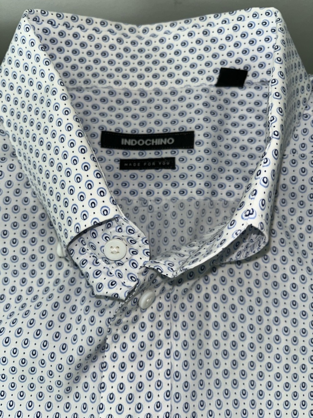 Indochino Short-Sleeve White Button-Down Shirt with Navy Microprint